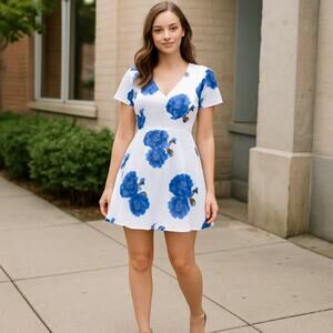 Blue White Floral V Neck Mini Dress Summer Casual Size S